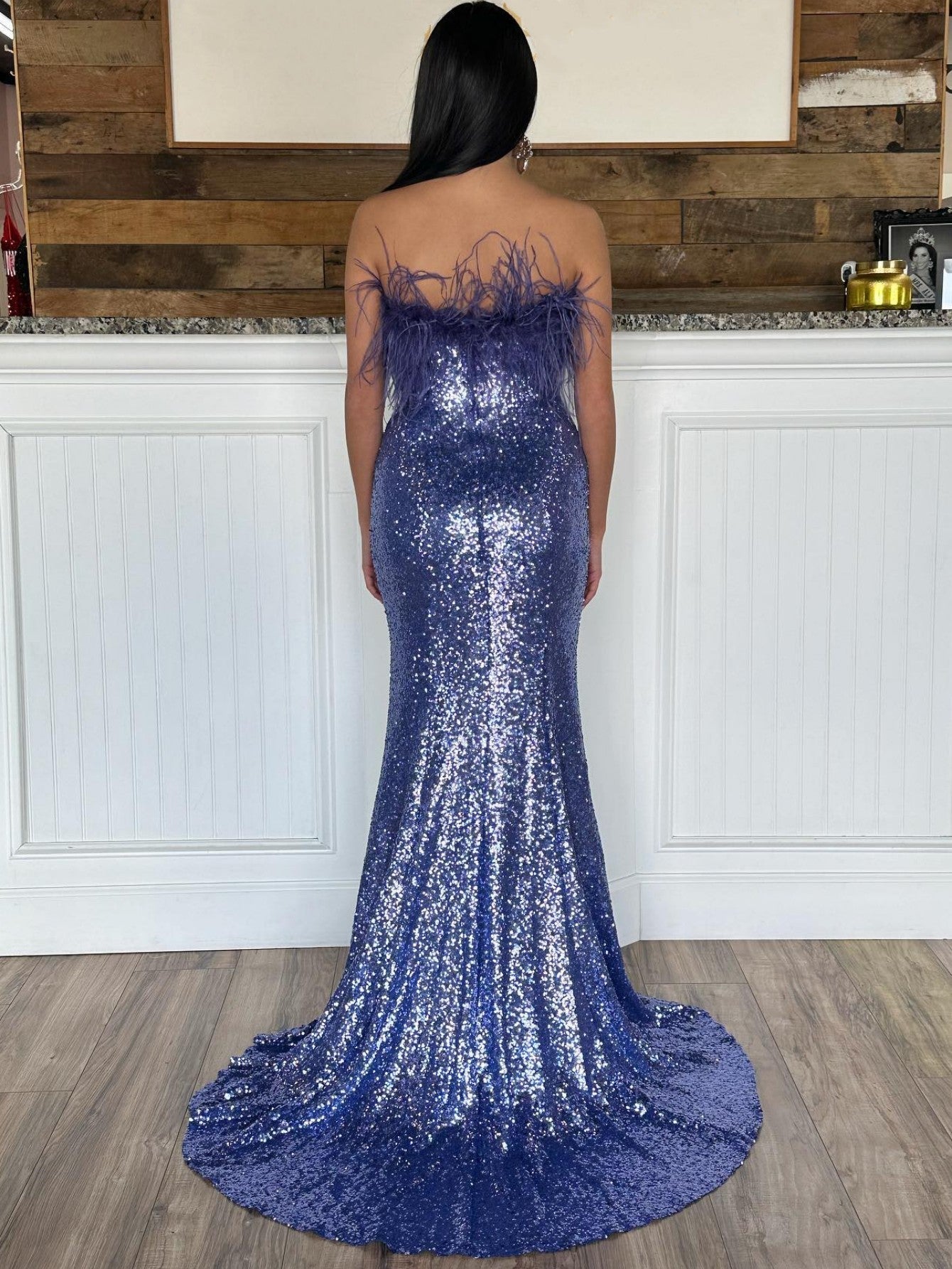 Glitter Sequins Mermaid Strapless Purple Long Prom Dress With Slit