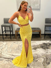 Glitter Sequins Two Piece Set Yellow Prom Dress