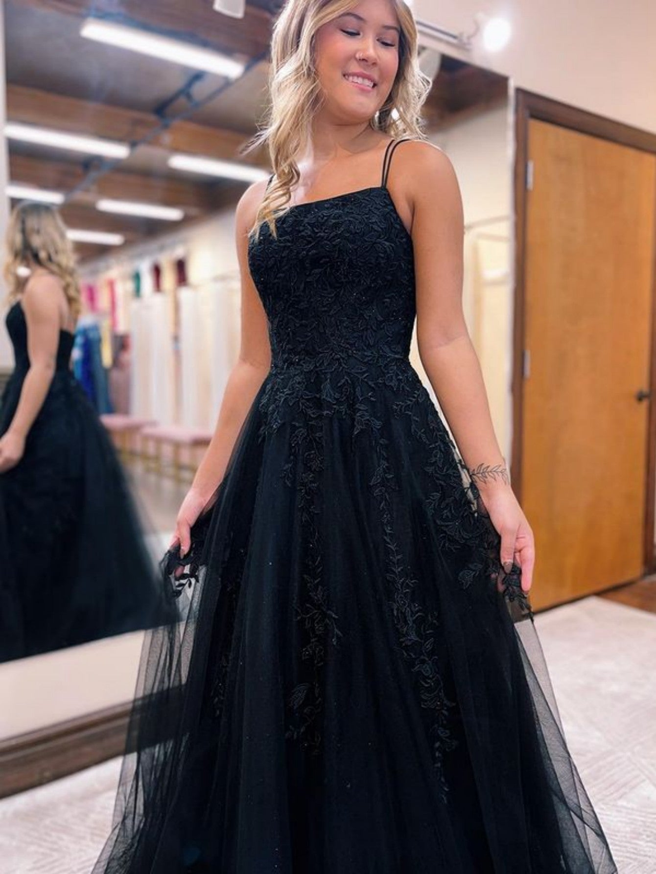 A Line Black Spaghetti Straps Lace Long Prom Dress