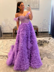 A Line Purple Strapless Tiered Tulle Long Prom Dress With Slit