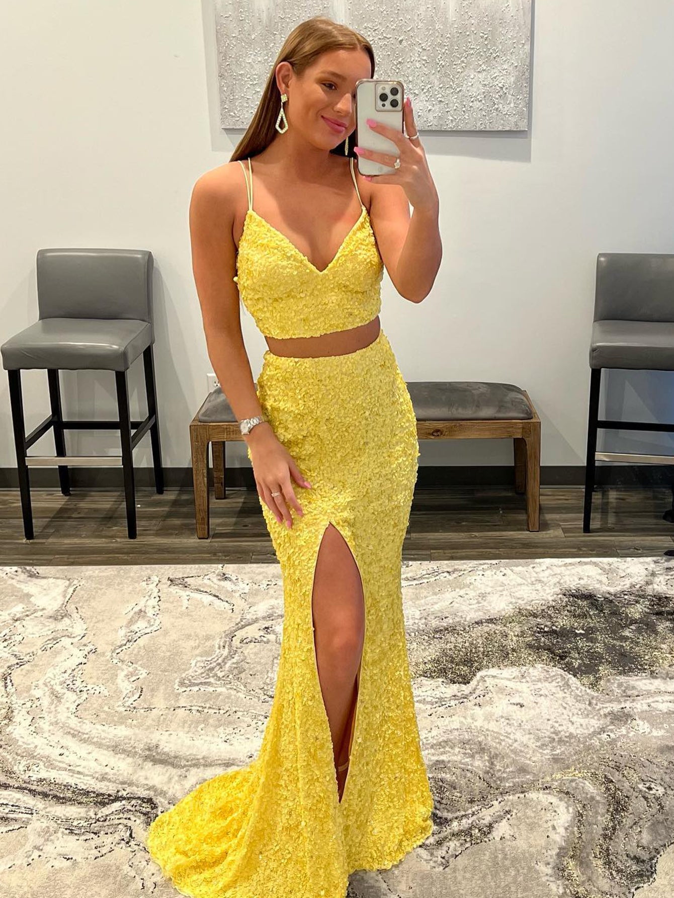 Glitter Sequins Two Piece Set Yellow Prom Dress