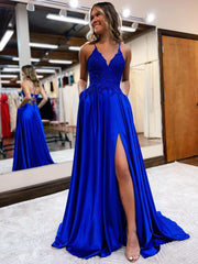 A Line Sparkly Royal Blue Long Prom Dress