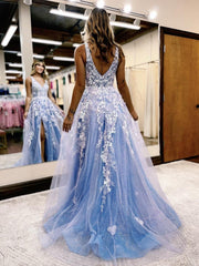 A Line Blue Tulle Long Prom Dress With Slit