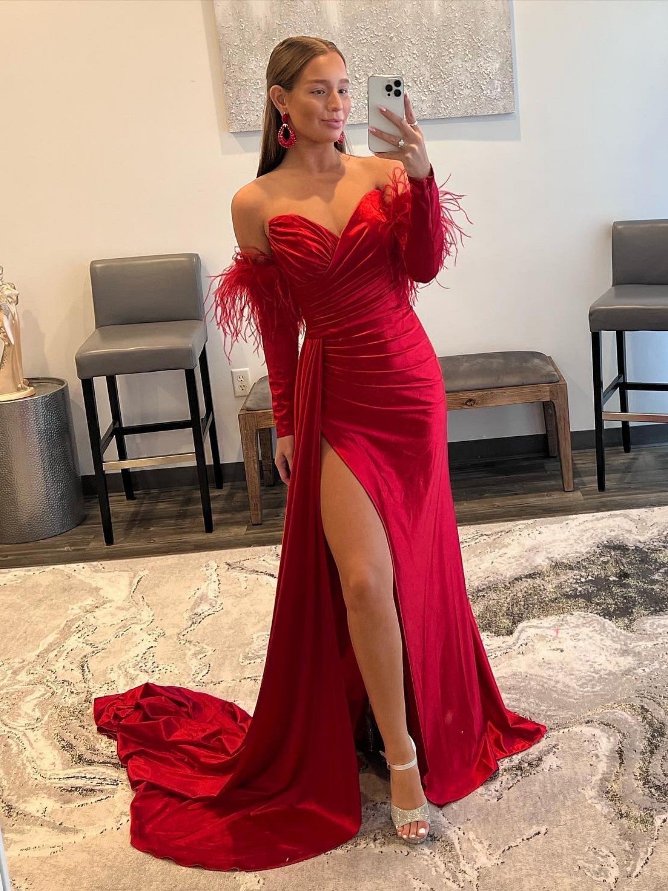 Dark Red Strapless Long Prom Dress with Feathers