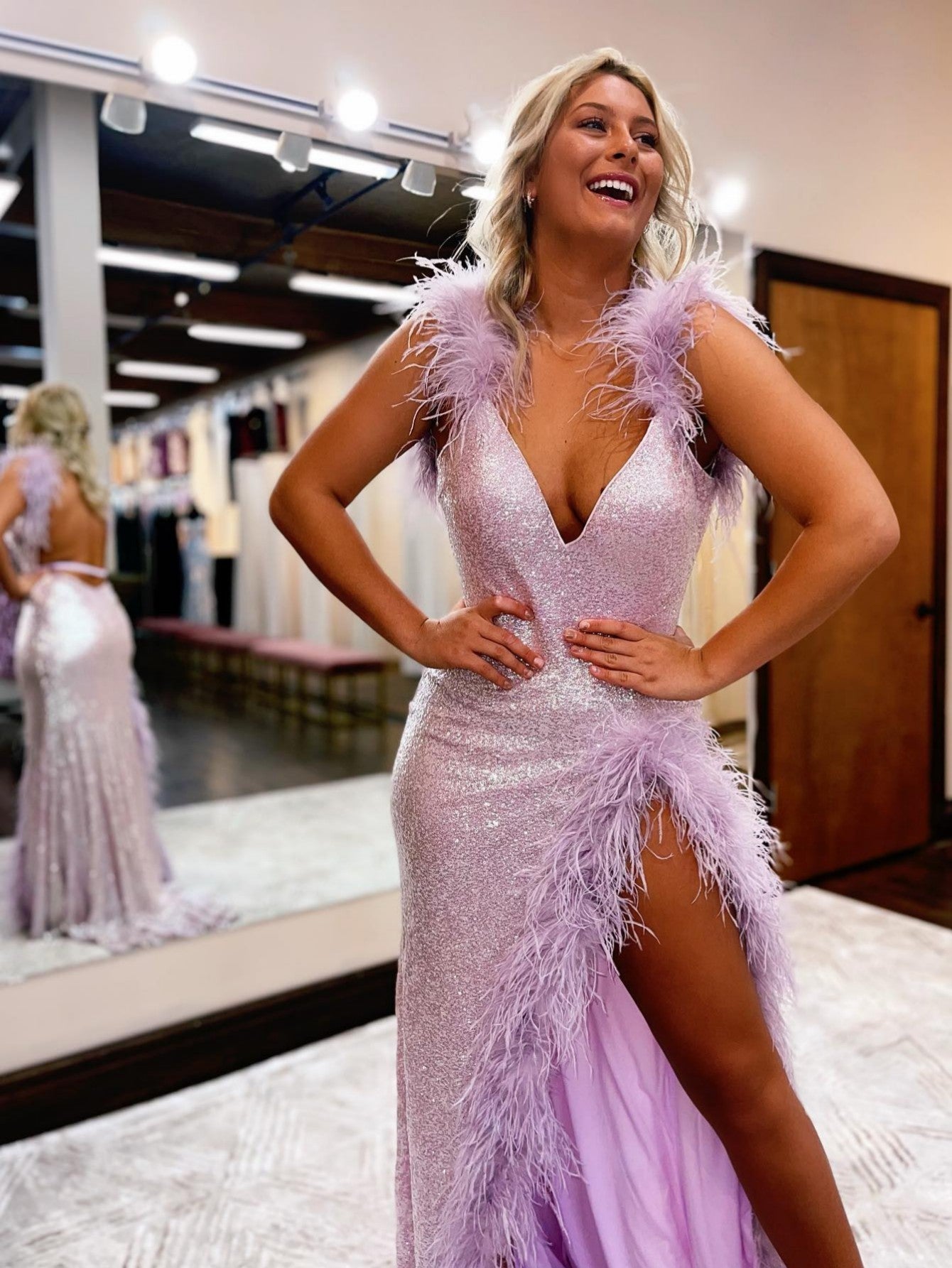 Feather Sequins Mermaid Lilac V Neck Long Prom Dress With Slit