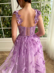 Lilac Corset Tulle Midi Prom Dress with 3D Butterflies