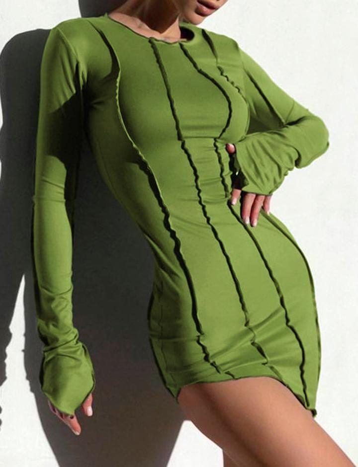 Green Long Sleeve Round Neck Sexy Dress