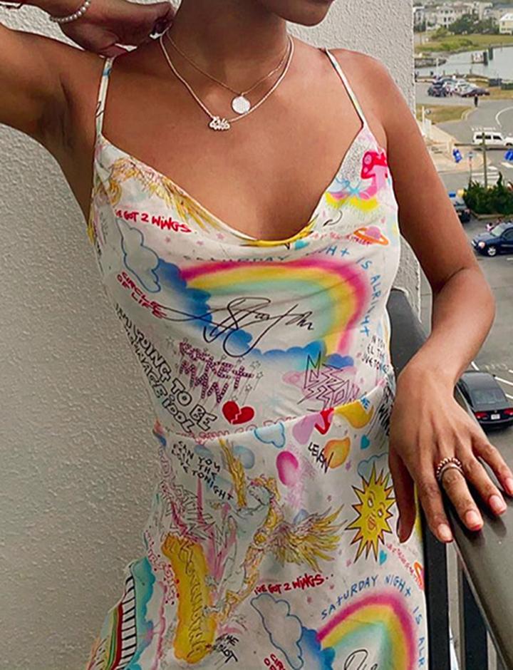 Sexy Slim Dress with Backless Sling Graffiti Print