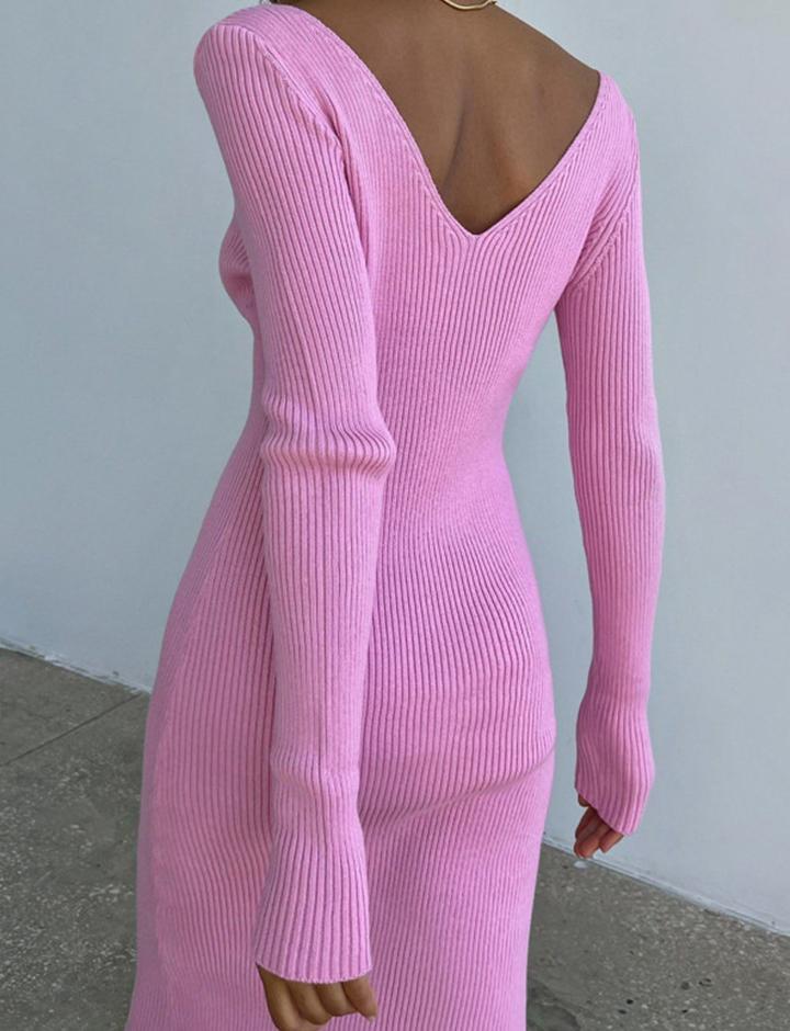 Slim Knitted Long Sleeve V Neck Dress