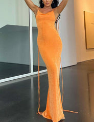 Orange Sexy Slim Dress with Backless Sling Hanging Neck