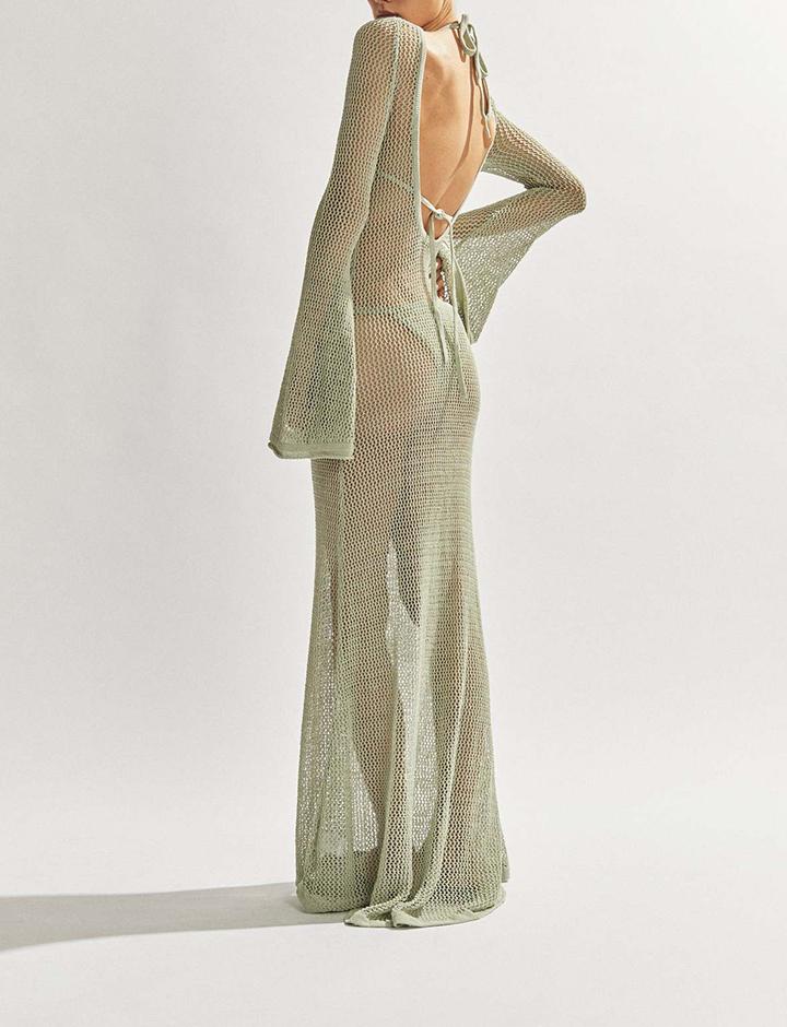 Knitted Long-sleeved Backless Sexy See-through Floor-length Dress
