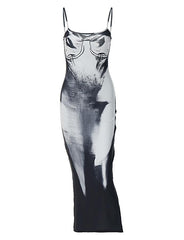 Sexy Slim Dress with Backless Sling Abstract Print