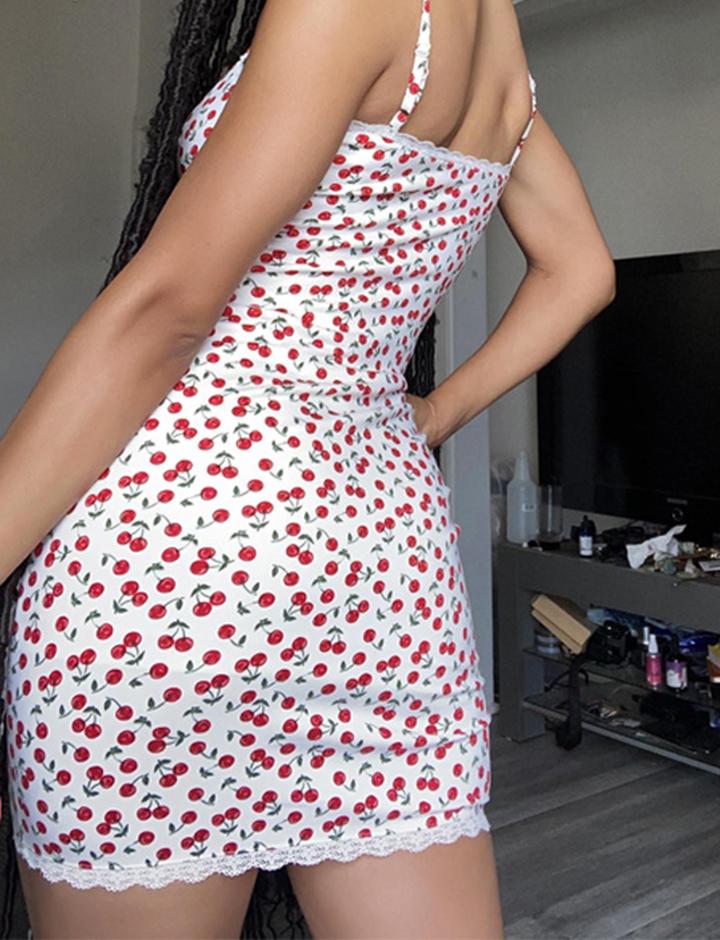 Sexy Slim Dress with Backless Sling Cherry Print