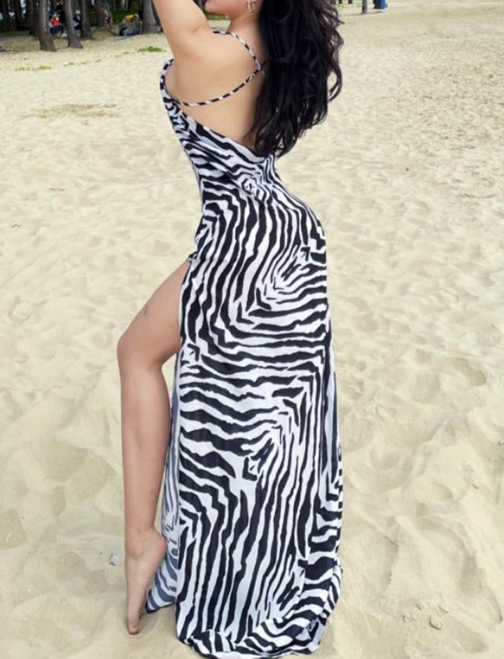 Sexy Slim Dress with Backless Sling Animal Print