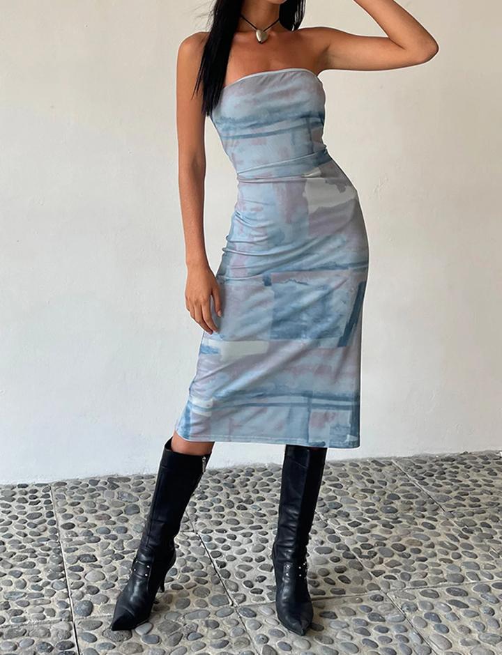 Abstract Sexy Slim Tube Top Dress Blue