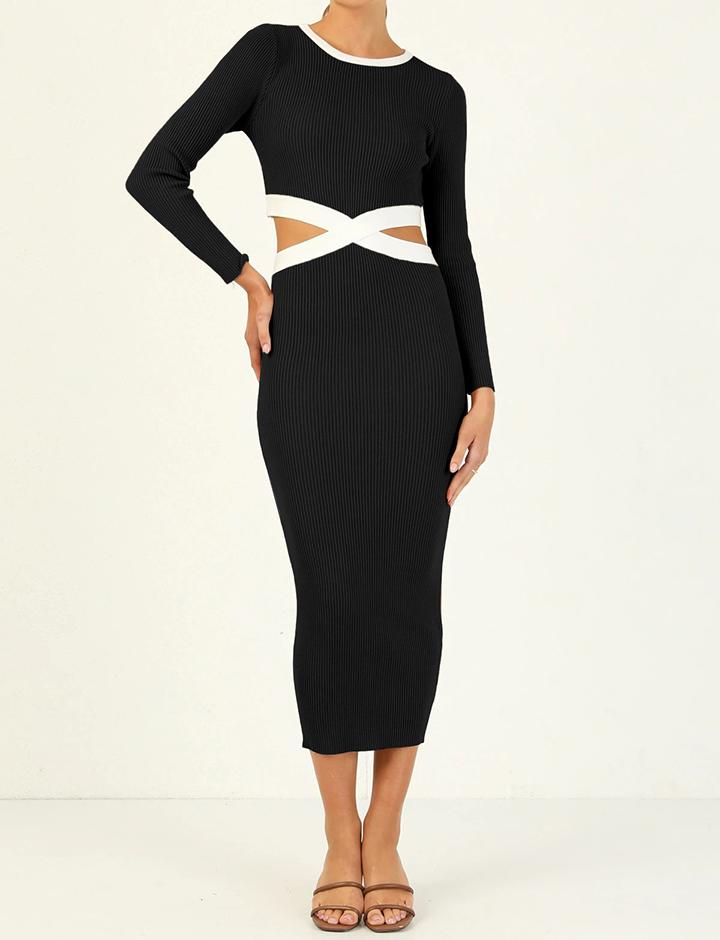 Slim Fit Color Blocking Long-sleeved Open-knit Dress