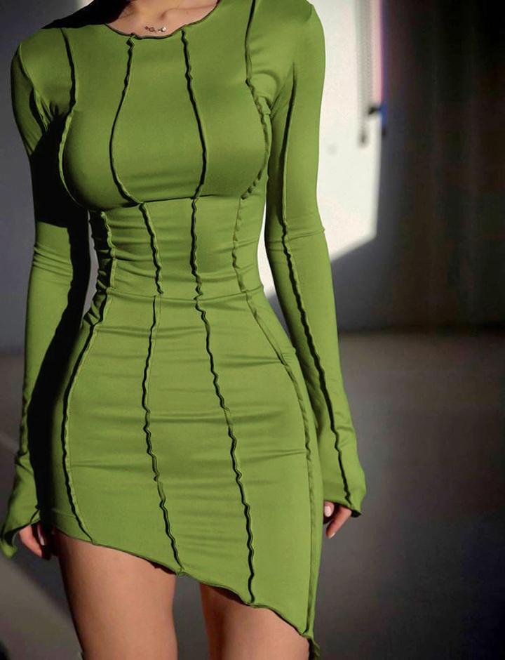 Green Long Sleeve Round Neck Sexy Dress