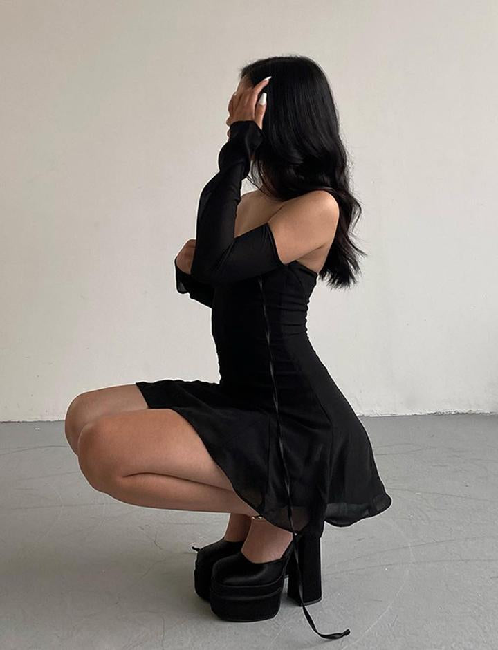 Sexy Slim One Shoulder Pleated Dress Black