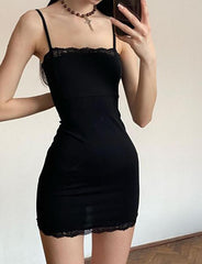 Strappy Lace Backless Black Tunic Dress