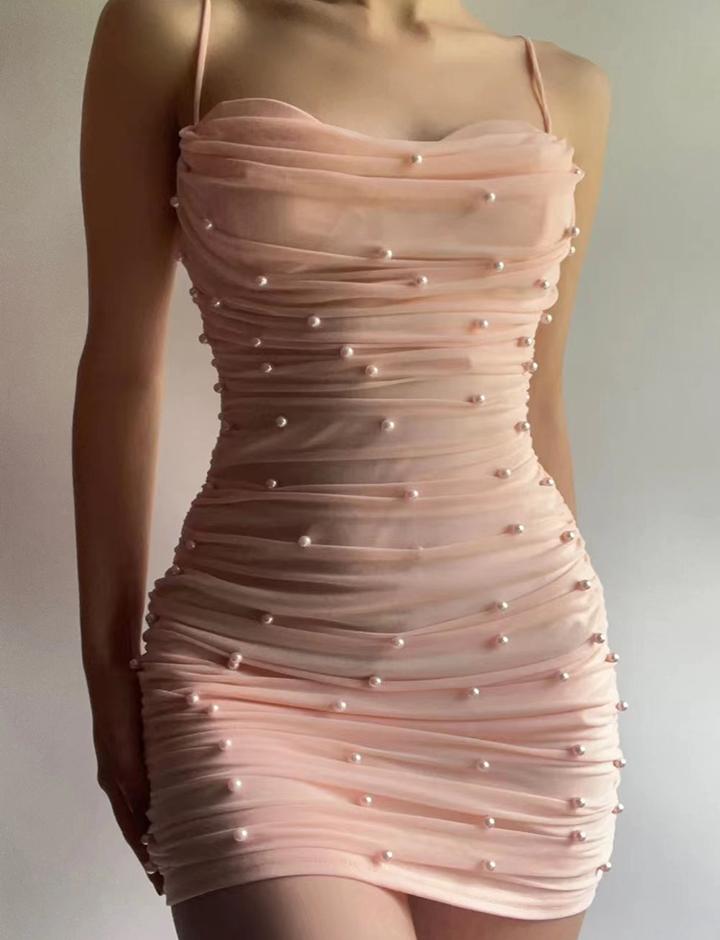 Pearl Decor Ruched Bodycon Cami Prom Dress