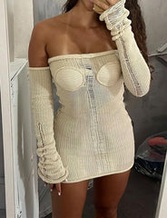 Off Shoulder Crochet Bodycon Short Dress For Women