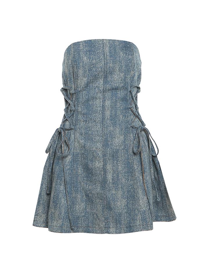 Lace Up Off Shoulder Denim Mini Dress