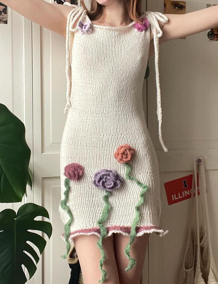 3D Flower Decor Knot Shoulder Crochet Short Dress