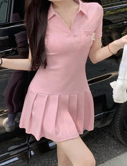 Solid Color Polo Neck Pleated Short Dress