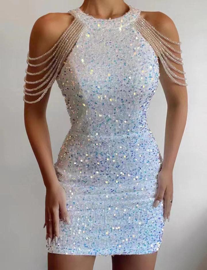 Halter Neck Sexy Crystal Tassel Wrap Hip Sequins European and American Dress
