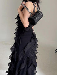Irregular Ruffle Decor Side Slit Cami Maxi Dress