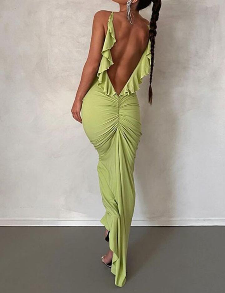 Fashion Sexy U-Neck Backless Slim Suspender Long Dress