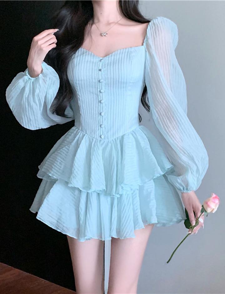Puff Sleeve Corset Layered Hem Date Mini Dress