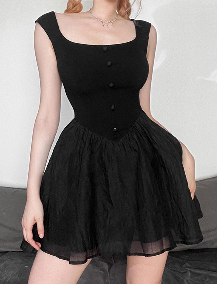 Black Square Neck Tiered Hem Corset Mini Dress