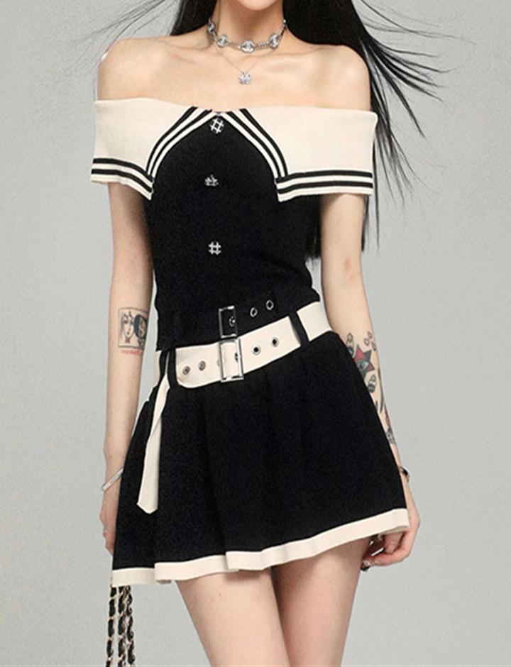 Preppy Navy Collar Contrasting Off-Shoulder Knitted Belted Little Black Dress