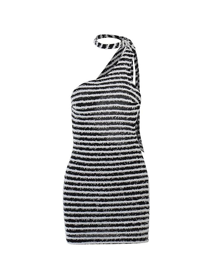 Black and White Striped Halter Neck Slim One Shoulder Dress