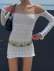 Off Shoulder Hollow Out Crochet Mini Dress