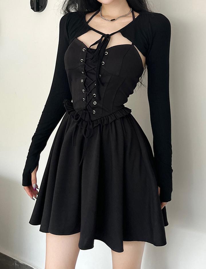 Waist Tie Long Sleeve Lace-Up Two-Piece Halter Black Dress