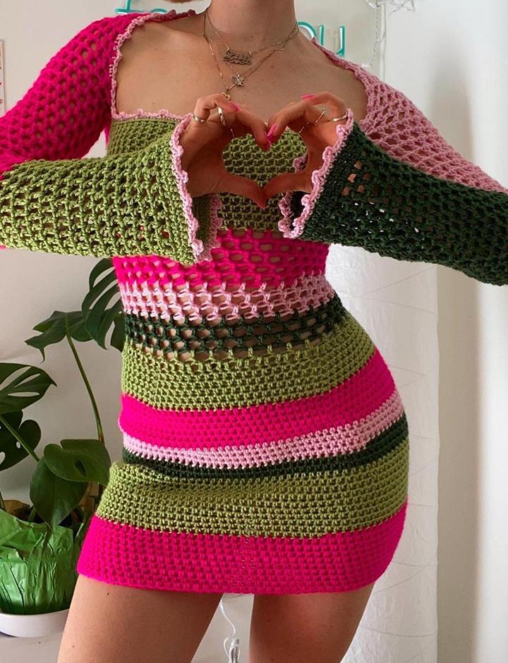 Crochet Striped Colorblock Bodycon Short Dress