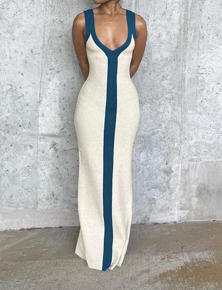 Sexy V Neck Wide Shoulder Straps Contrasting Color Slim Dress