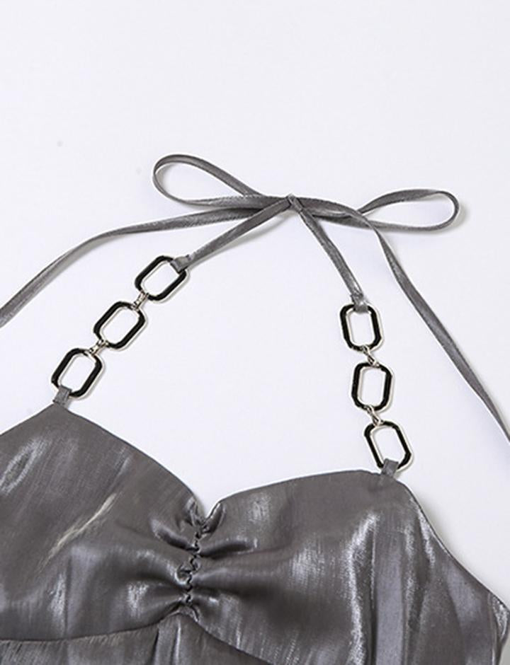 Reflective Fabric Slim High Waist Fashion Metal Chain Halter Neck Strap Backless Dress