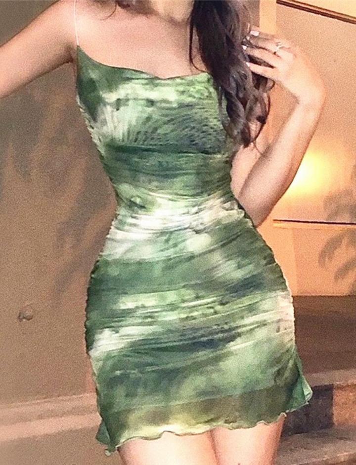 Sexy Tie-Dye Printed Backless Sling and Wooden Ear Trim Dress