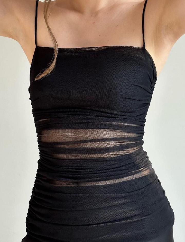 Perspective Design Gauze Stitching Satin Slim Sling Dress