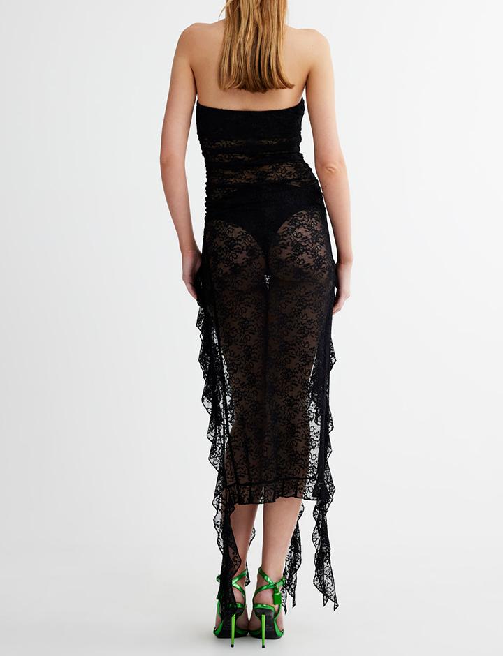 Lace See-through Off Shoulder Ruffled Slit Black Dress