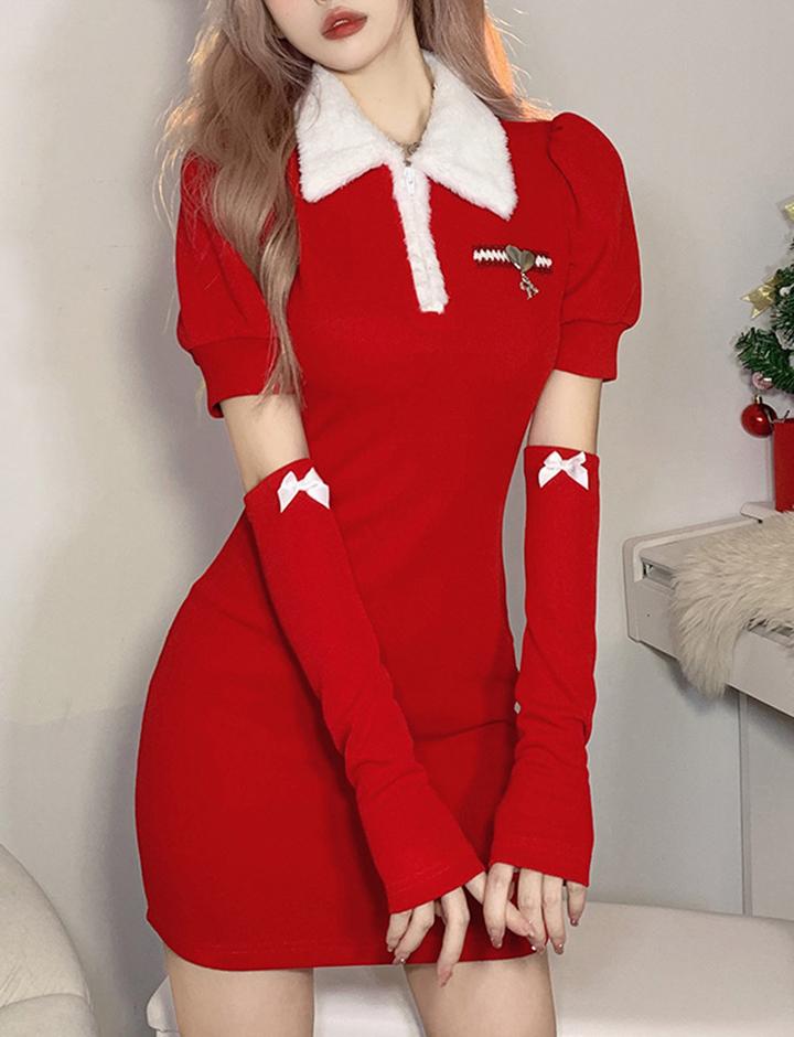 Slim Fashion Lapel Short Sleeve Christmas Dress