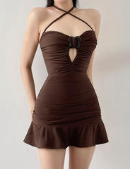 Solid Color Ruched Halter Prom Mini Dress