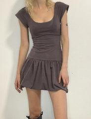 U-neck Low-rise Slim-fit Short-sleeved Mini Pleated Dress