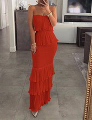 Holiday Style Strapless Long Dress with Pleated Ruffles