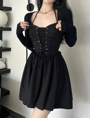 Waist Tie Long Sleeve Lace-Up Two-Piece Halter Black Dress