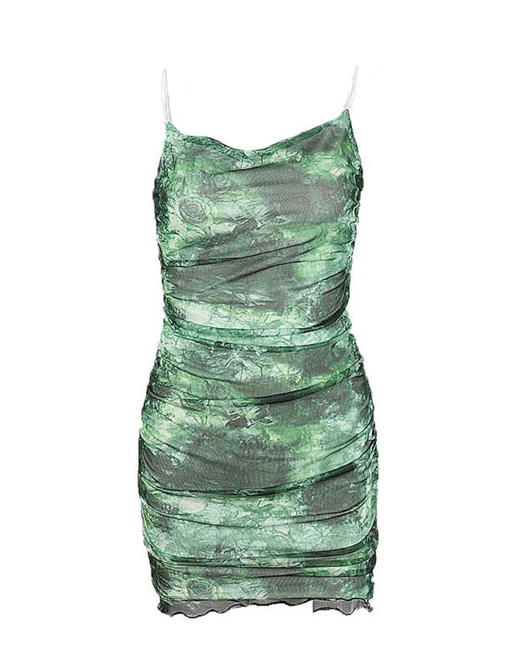 Sexy Tie-Dye Printed Backless Sling and Wooden Ear Trim Dress