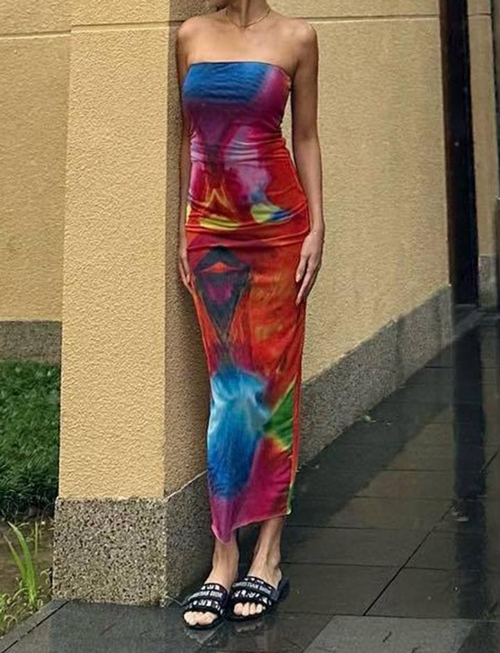 Tie Dye Print Strapless Bodycon Maxi Dress For Women